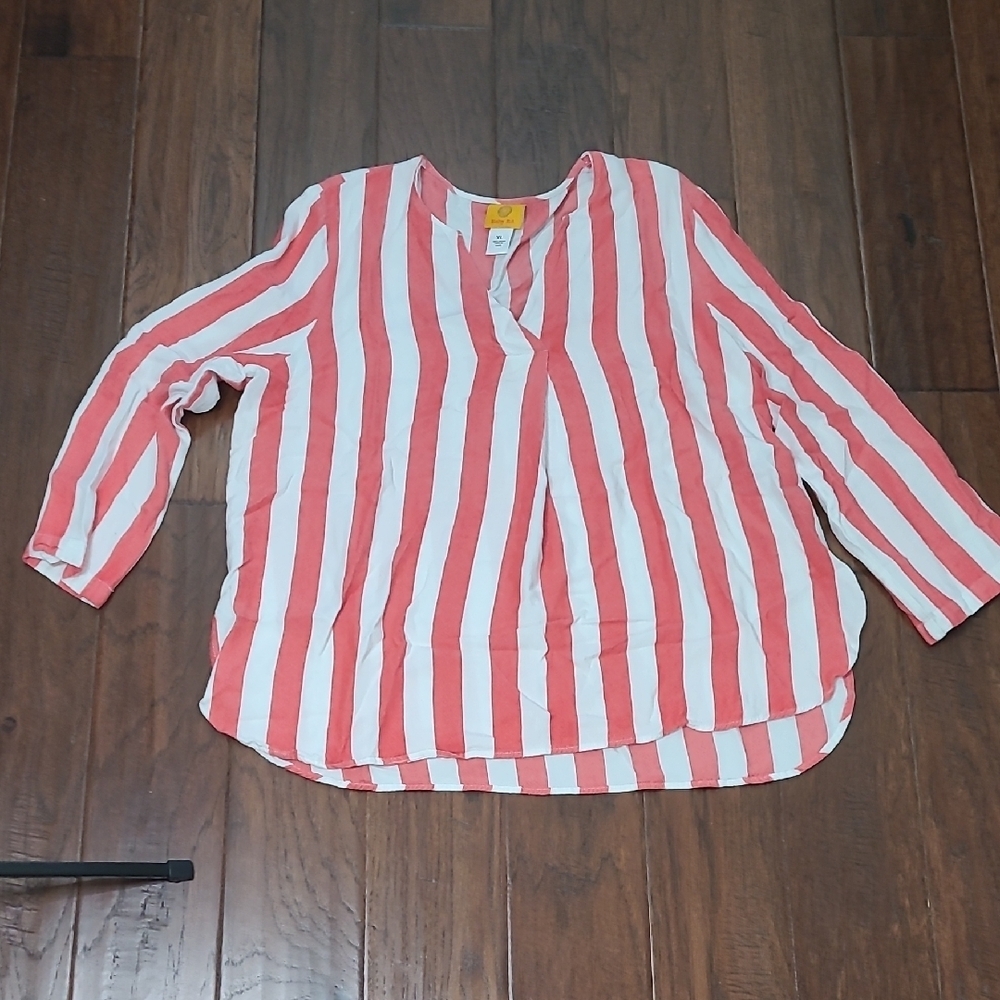 Ruby Rd Red & White Striped V-neck Blouse size XL